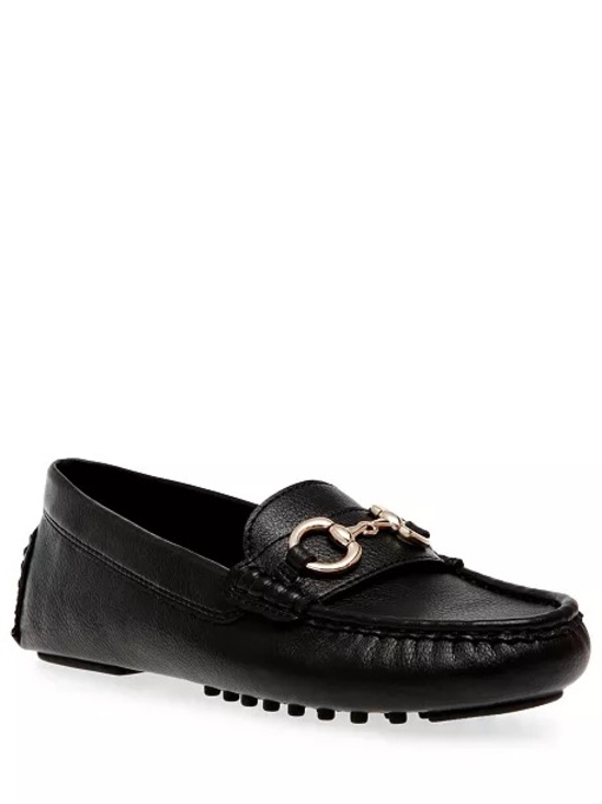 Anne Klein Shoes - Black Leather Look Driver Loafers with Silver Accents